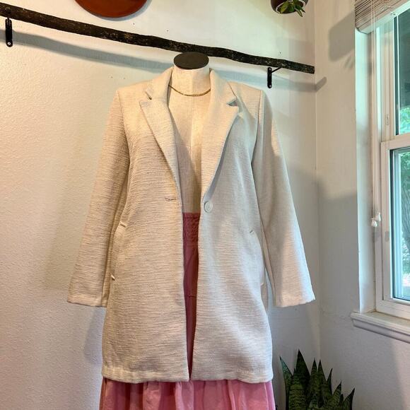 Old Navy Cream Textured Boucle Single Button Pockets Long Jacket Size Large - Picture 1 of 10